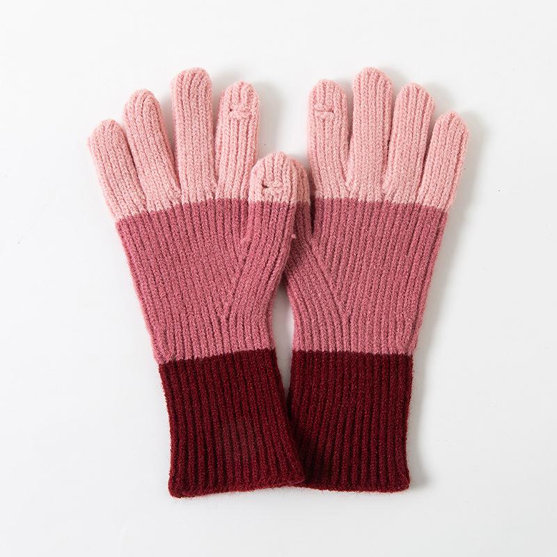 Womens Warm Acrylic Knitted Gloves Breathable Color Block Design Soft Cozy Sports Cycling Cold Weather Mittens