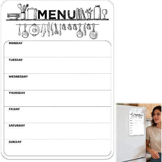 Magnetic Weekly Meal Planner for Refrigerator, 8x12'' Dry Erase Menu Board, Stain Resistant Whiteboard, Strong Magnetic Backing, Ideal for Families,