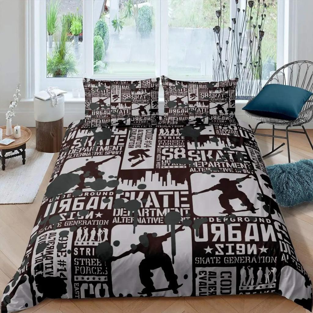 Skateboard Bettbezug Set Doppelgröße für Jungen Teenager Extremsport Bettwäsche Set Jugend Bettdeckenbezug Graffiti Stil Bettbezug