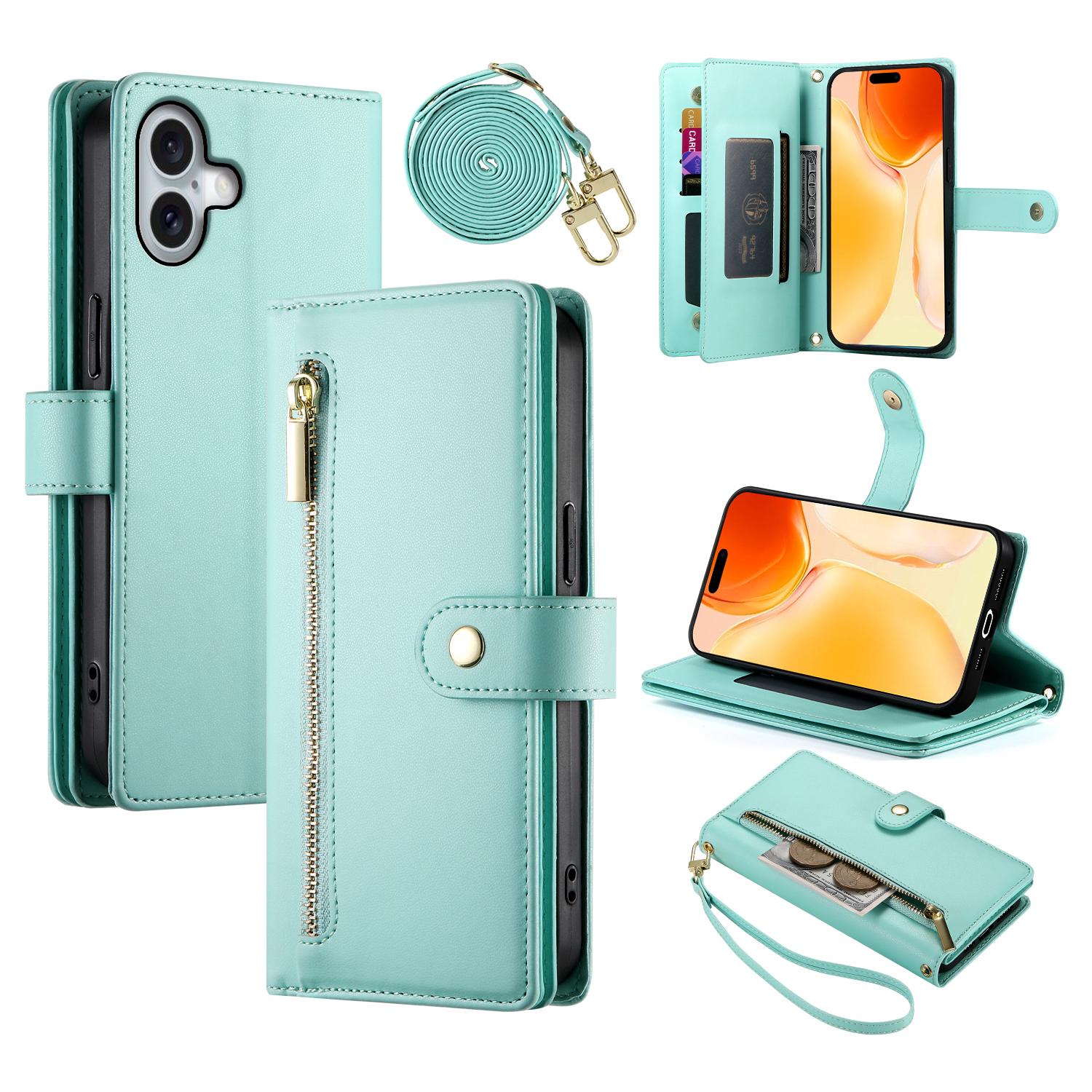 

DF-011 Чехол для iPhone 16 Plus Кожаный кошелек с карманом на молнии Чехол для телефона с ремешками Mint Green