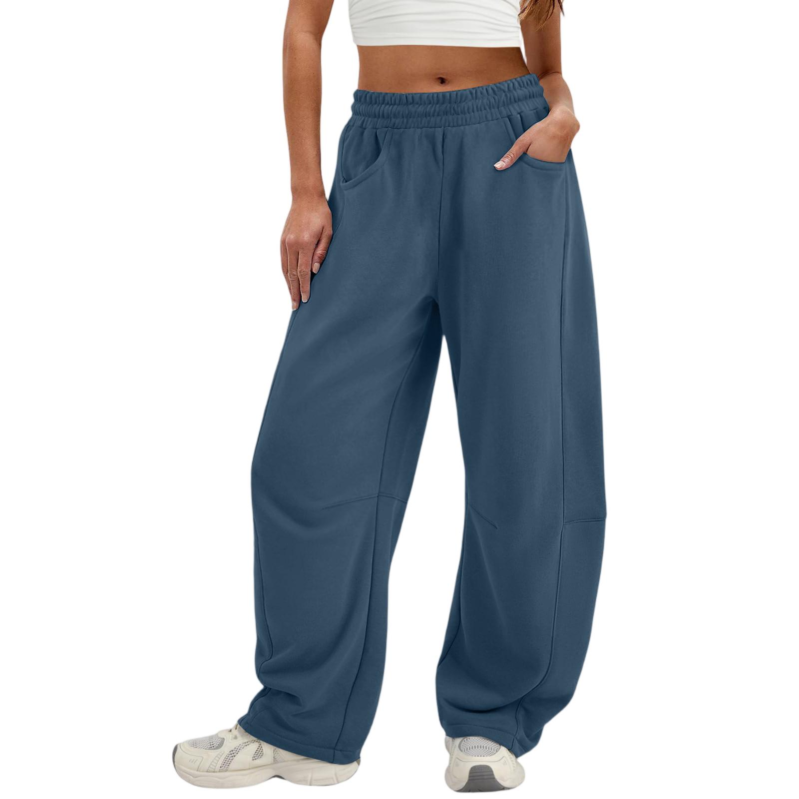 

Women s Fashionable Solid Color Elastic Waist Pocket Casual Sweatpants Pants L синий