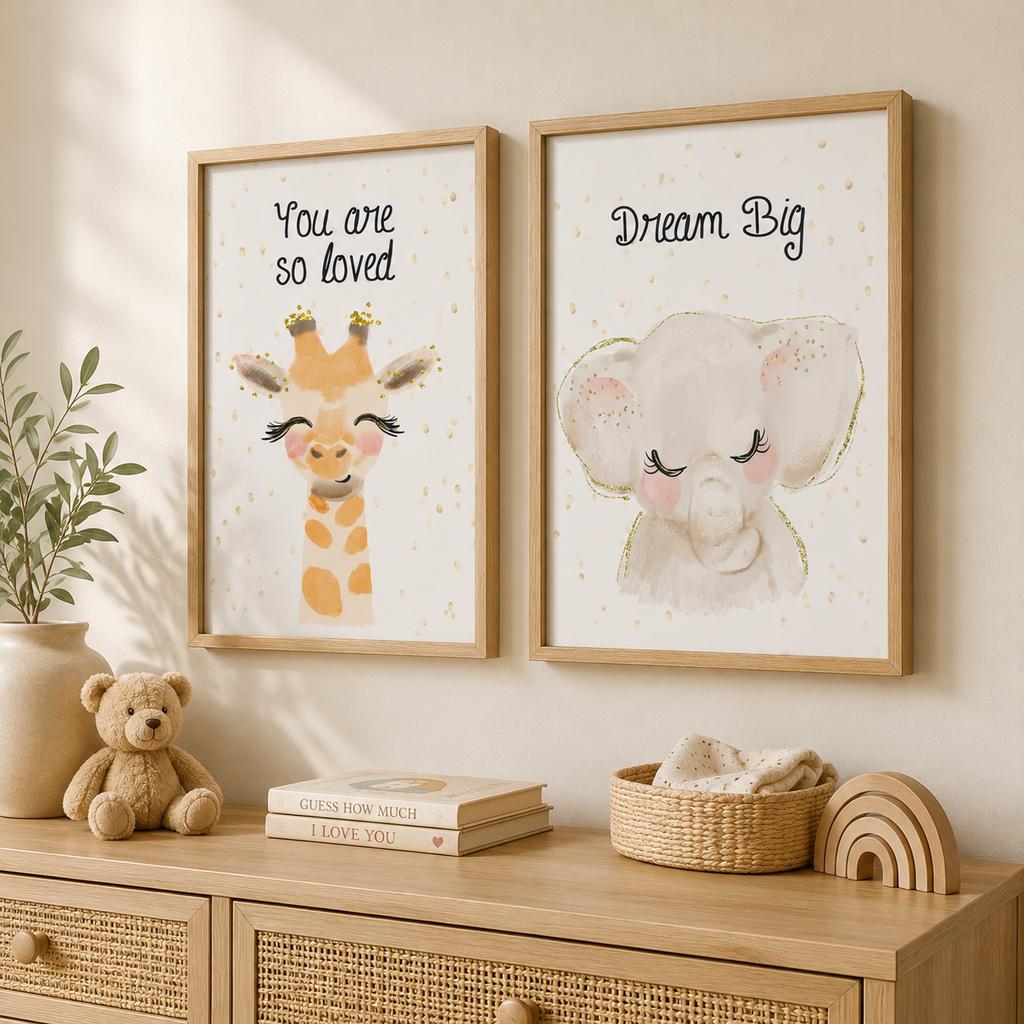 Nursery Quotes Wall Art, Cute Giraffe Bear Elephant Canvas Painting, Animal Poster Print for Baby Boy Girl Kids Bedroom Decor