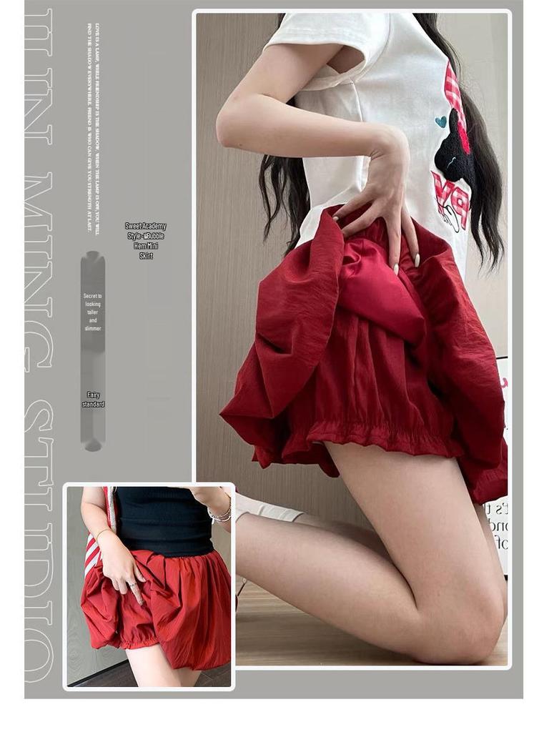 Red Petite Puffy Short Skirt: Spring/Summer Floral Puff Skirt with Pumpkin Pants Style