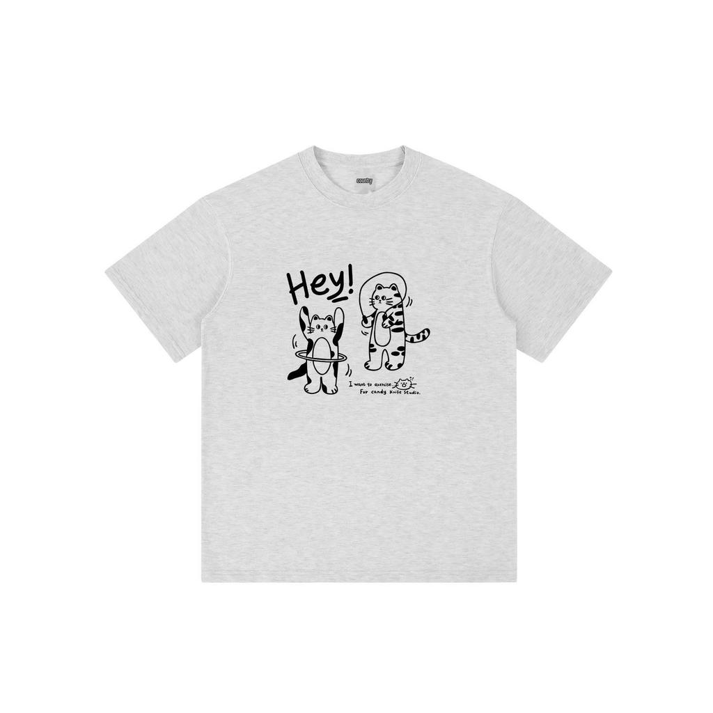 Unisex Summer Trend Cat Print Cotton Tee, Drop Shoulder, Loose Fit