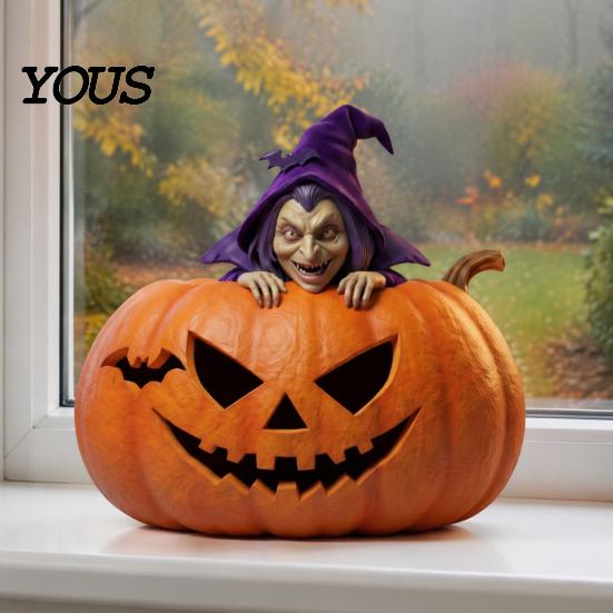 Halloween Desktop Decor Resin Pumpkin Witch Figurine, Spooky Bat Detailed Tabletop Decor, Stable Hand Carved Base Mini Statue for Window Showcase Home