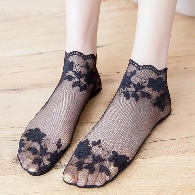 Summer Women Lace Socks Sexy Antiskid Non-slip Invisible Liner Sock Female Elastic Comfy Thin Breathable Ankle Short Black Socks