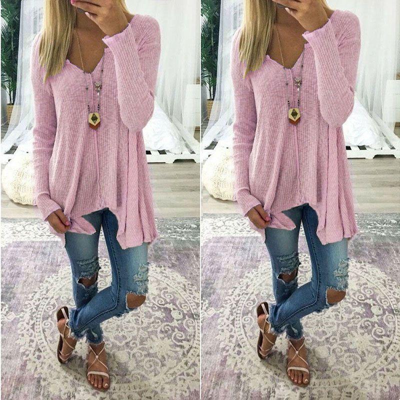 Elegant Plus Size Women Long Sleeve Loose Blouse With Baggy V Neck Tunic T Shirt