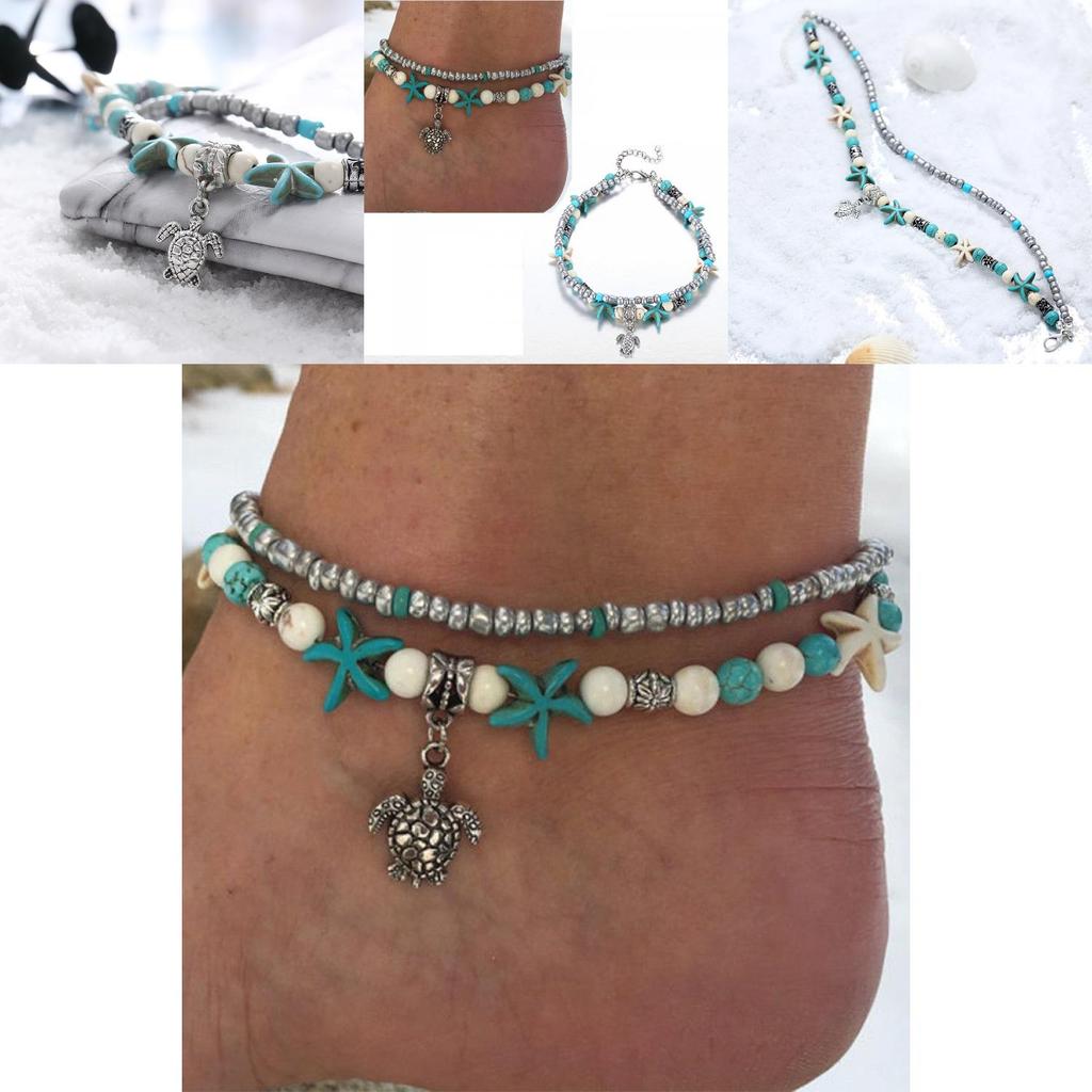 Retro Blue Shell Anklet With Turtle Design For Beach Vacation And Resort