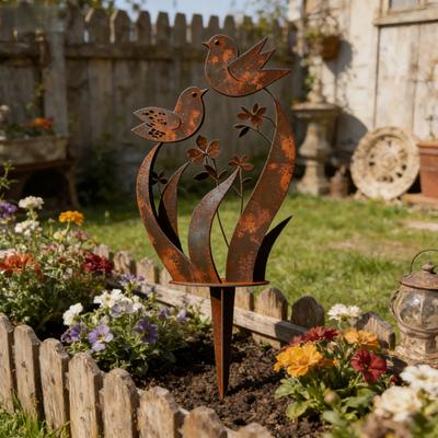 Vogel Wildblume Metall Gartenstecker Dekoration Wetterfest Außenhof Rasen Terrasse Weg Rostiges Eisen Blume Vogel Stecker Ornament