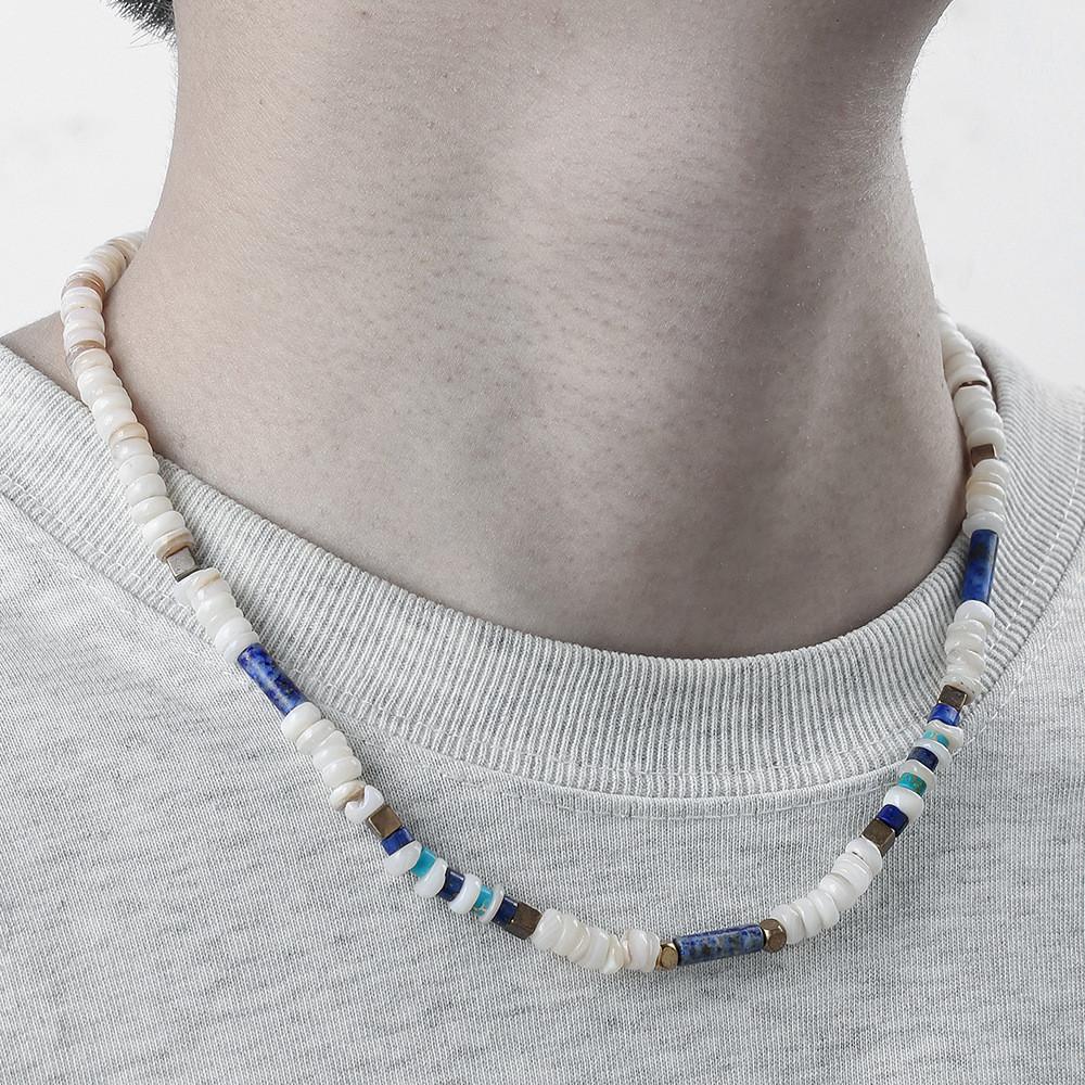 Summer Mens Geometric Shell Bead Necklace With Stainless Steel Chain For Casual Wear
