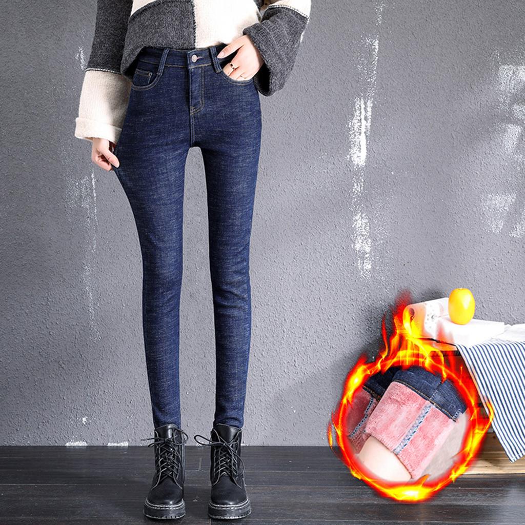 Women Fashion Soild Plush Jeans High Waist Thickened Tight Fitting Sweatpants Warm Casual Pants