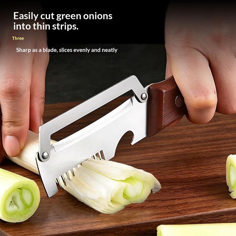 Pelapatate Multifunzione in Acciaio Inossidabile con Manico in Legno, Tritatutto per Cipollotti 3 in 1, Pelapatate per Frutta, Apribottiglie per Cucina