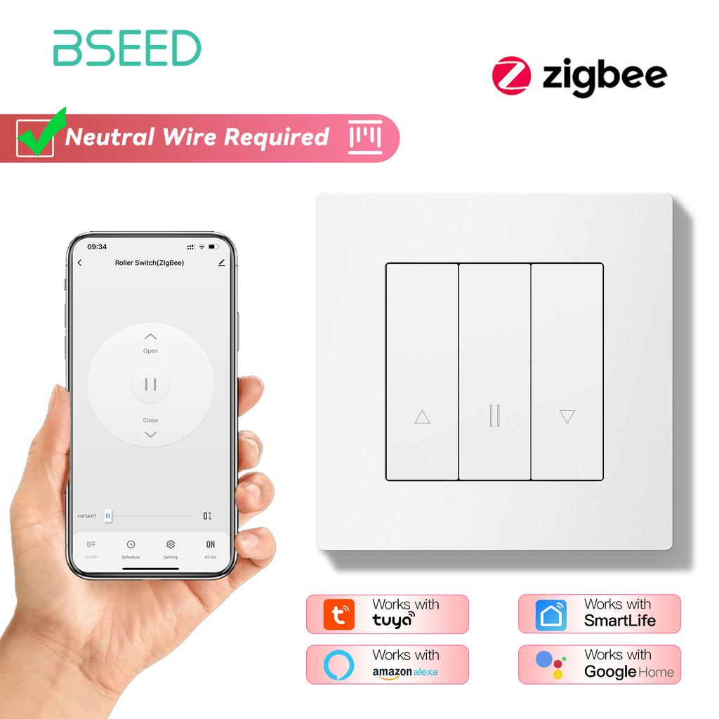 BSEED Zigbee Shutter Switch With Wall Sockets Wall Smart Click Switches Yellow Backlight Plastic Frame Tuya APP Roller Switch EU