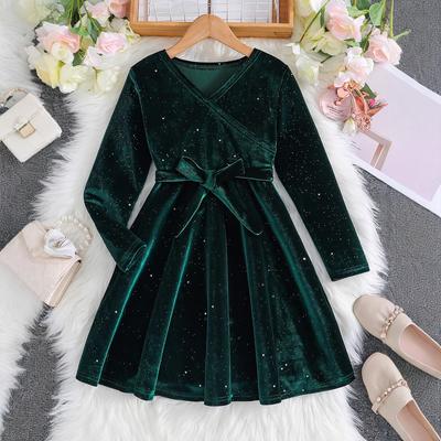 Vestido Retro de Cuello en V de Manga Larga de Color Sólido con Lentejuelas para Fiesta de Cumpleaños de Niñas Mayores con Cinturón