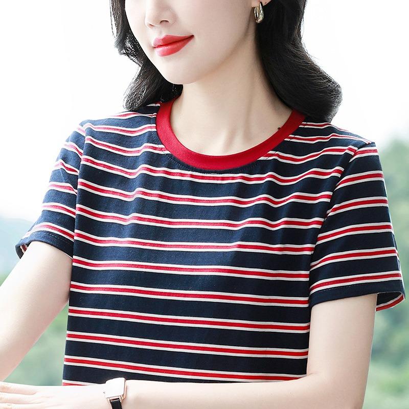 Striped Short-sleeved T-shirt Women's Round Neck Half-sleeved Shirt Summer Plus Size Loose Top