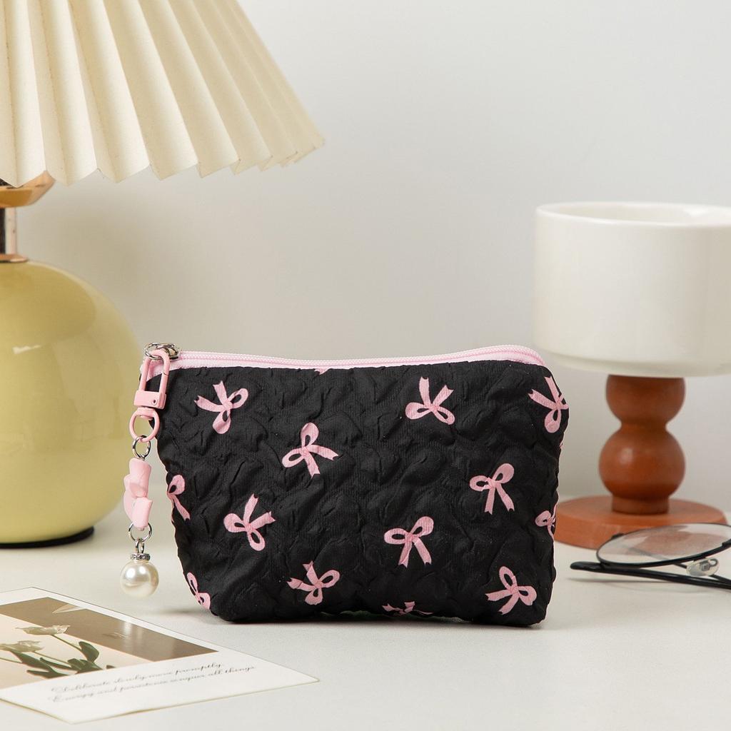 Elegant Bow Decor Cosmetic Bag Portable Makeup Storage Pouch Large Capacity Purse For Lipstick Skincare Accessories Daily Travel