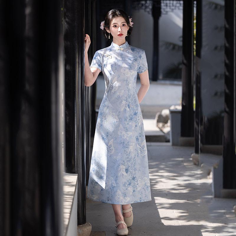 Blue National Style New Chinese Aodai Improved Cheongsam 1011 New Young Women's High-end Dress Spring and Summer