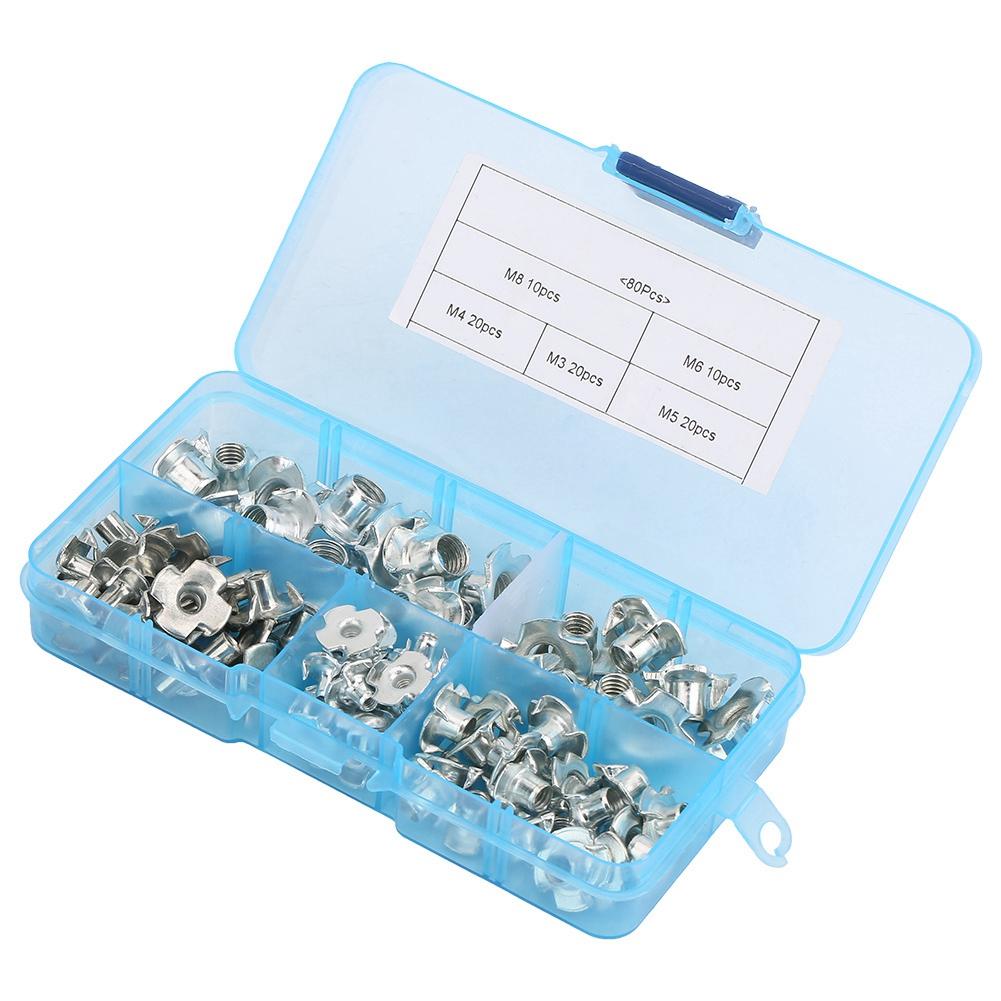 80pcs Carbon Steel T Nut Four Pronged M3 4 5 6 8 Tee Nuts Kits For Woodworking Furniture