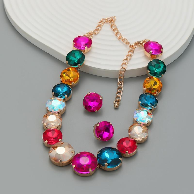 Earrings Necklace Combination Set Women's Round Glass Diamond Exaggerated Earrings