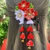 Handmade Sakura Flower Hair Clip Ancient Style Cloth Material Flower Tassel Hairpin Sweet Tassel Flower Design Fabric Barrettes