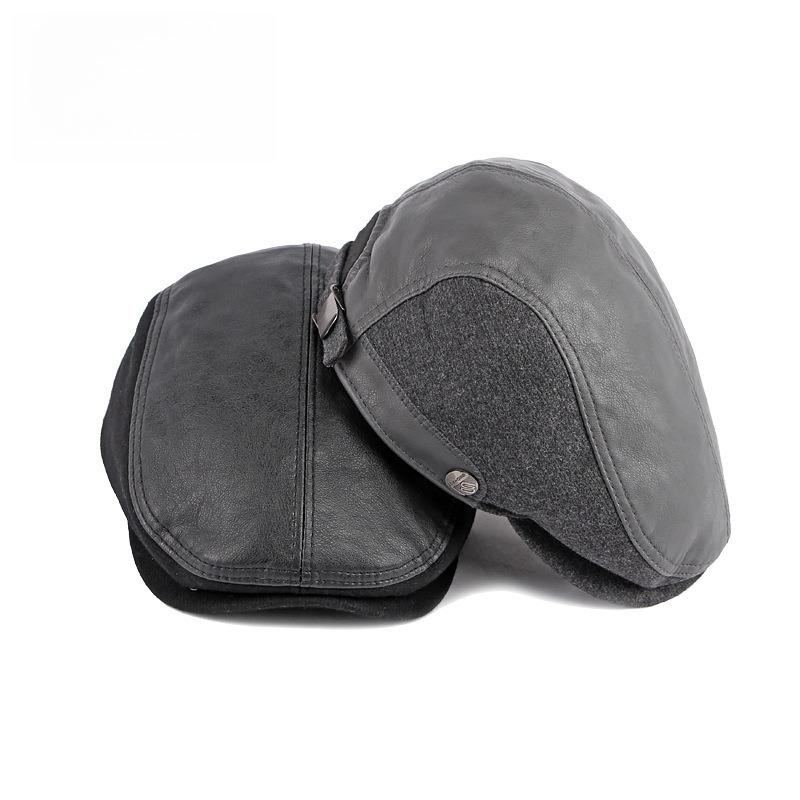 Men's Autumn Winter Warm Flat Cap with Ear Flaps Leather Wool Patchwork Beret Cabbie Ivy Hunting Hat for Middle-Aged Dad Casual Outdoor Cap