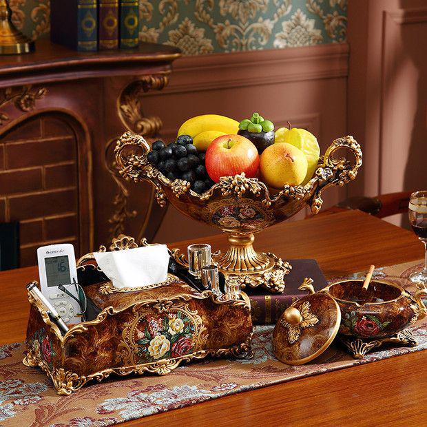 European and American Decorative Set: Fruit Bowl, Tissue Box, Ashtray, and Figurines for Living Room Coffee Table.