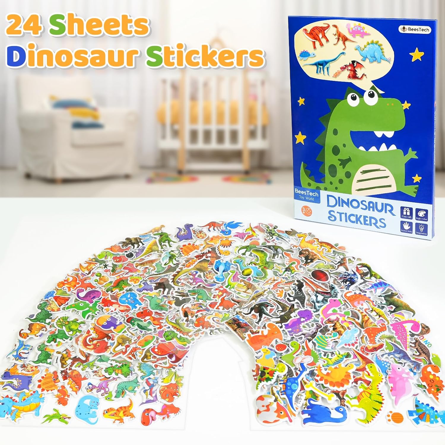 BEESTECH 24 Sheets Dinosaur Stickers 450+ for Kids Boys Girls Toddlers, Teacher Reward Stickers, Potty Chart Training, Dinosaur Party Favor Supplies,