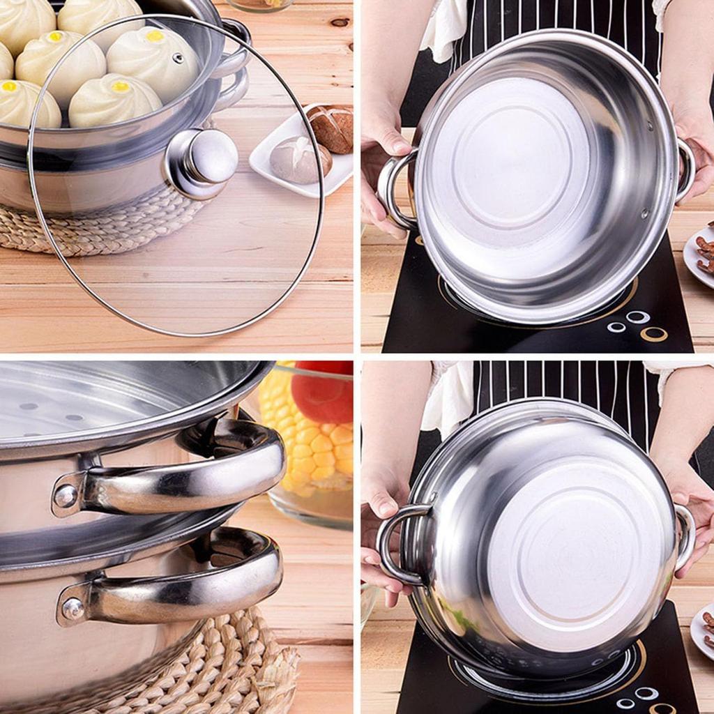 Stainless Steel Steamer Pot Set with Glass Lid Multi Layer Stackable Cookware for Dumplings Fish Vegetables Healthy Meal Cooking