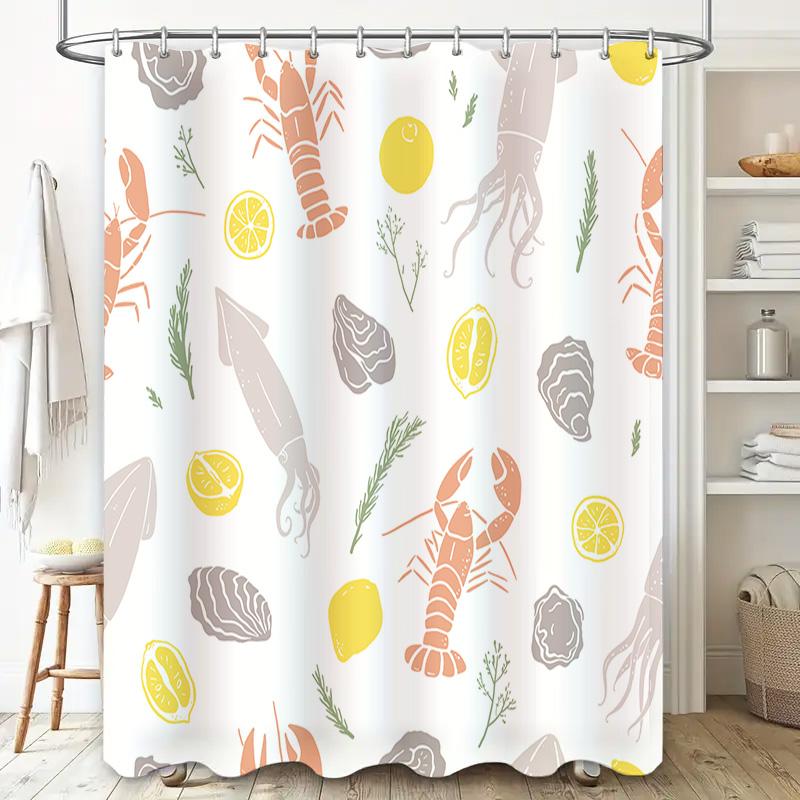 Seafood-Themed Shower Curtain With Octopus And Lobster Design For Bathroom Decor Peach Yellow Orange Gray Color Pattern Waterpro