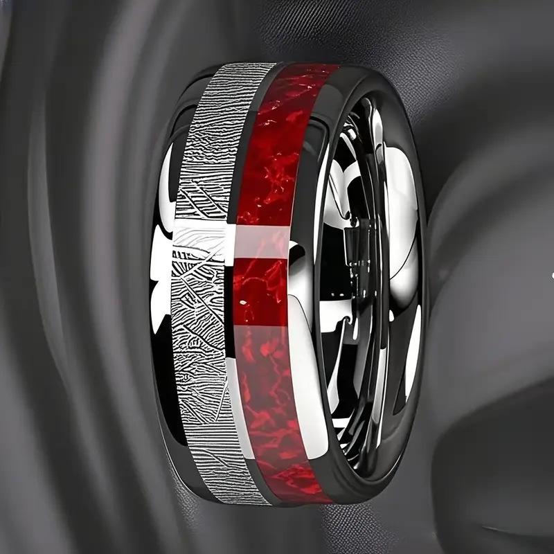 Two-Tone Stainless Steel Ring: Silver & Red Textured Minimalist Design