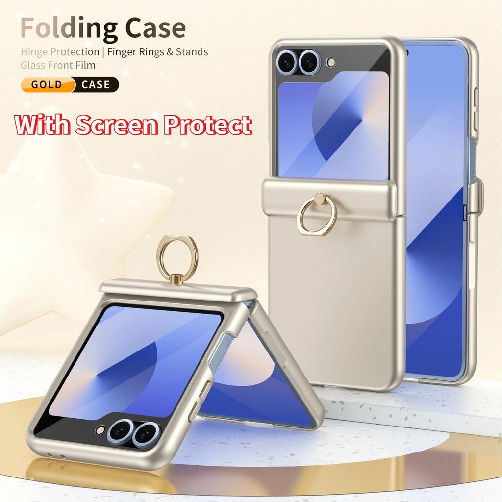 Custodia protettiva con anello kickstand e cerniera in PC, effetto pelle, per Samsung Galaxy Z Flip 8 7 FE 6 5 con Pellicola Protettiva Schermo in Vetro Temperato