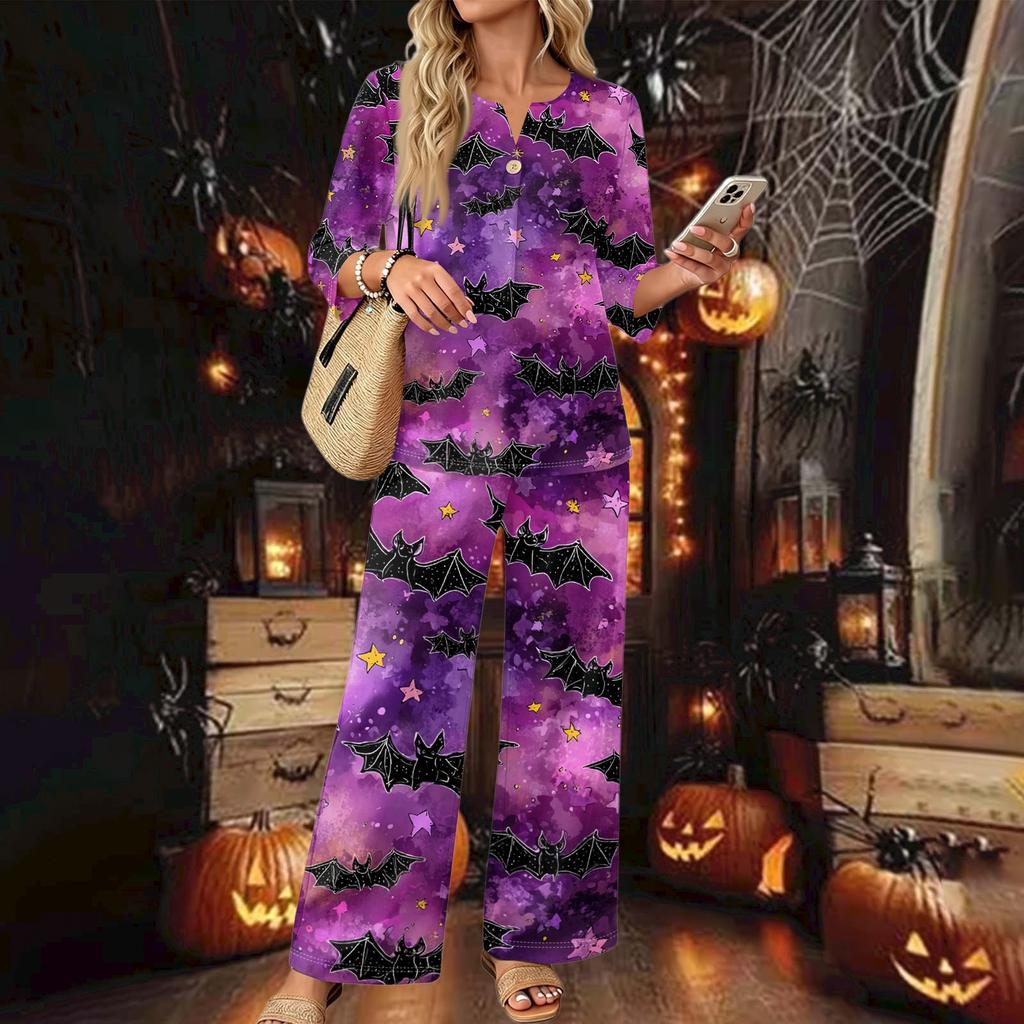Women's Casual Printed 3/4 Sleeve Button Down Top and Wide Leg Pants 2 Piece Set
