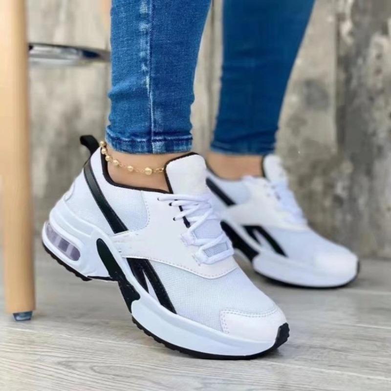 Women's Fashion Single Shoes Low Top Shoes Dad Round Toe Middle Heel Lace-up Mesh Casual Style Sneakers
