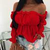 Women Sexy Solid Color Long Sleeve Off Shoulder Ruffled Edges Short Blouse Top