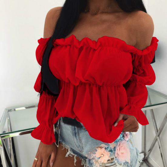 Women Sexy Solid Color Long Sleeve Off Shoulder Ruffled Edges Short Blouse Top
