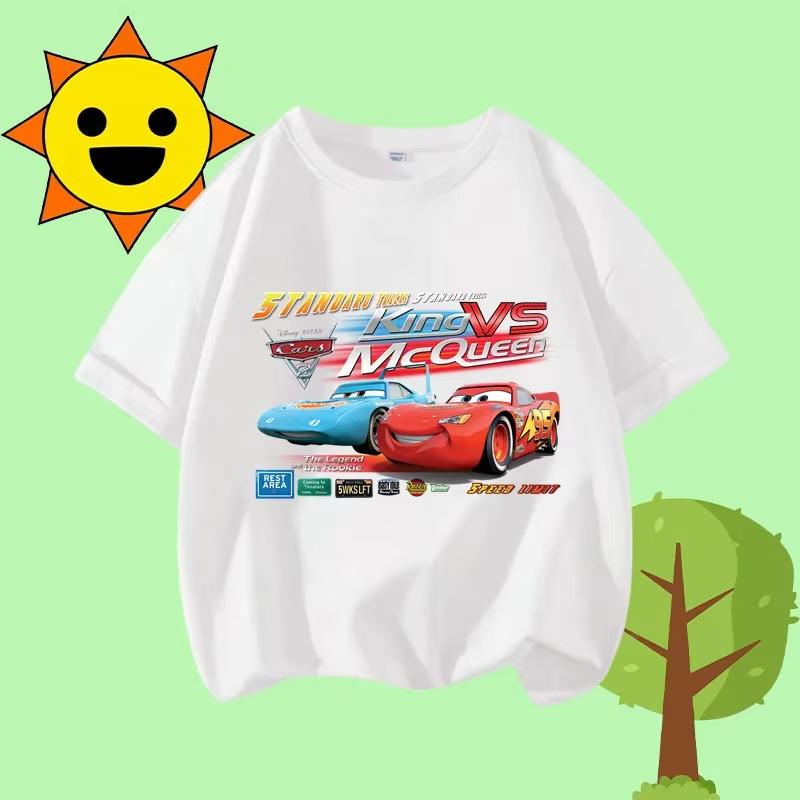 Cartoon Print Racing Car Adventure Childrens Crewneck ShortSleeved Boys Girls Casual Top Unisex and Women Summer TShirt