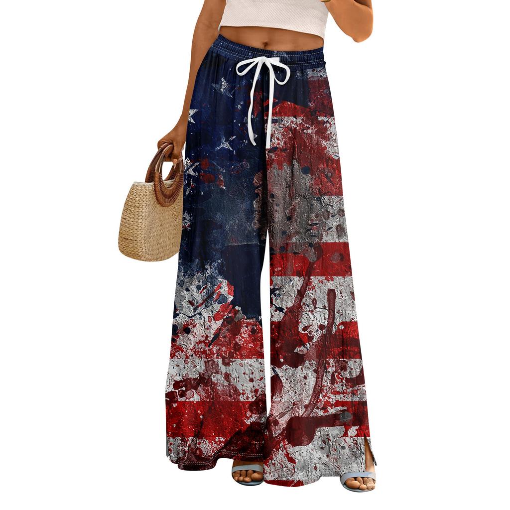 Women Summer Boho Palazzo Pants High Waist Wide Leg Independence Printing Casual Trousers With Pockets