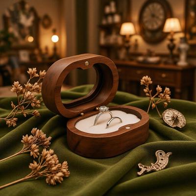 Wooden Ring Box with 2 Slots Small Wood Double Ring Holder Case Rustic Jewelry Gift Storage Box for Engagement Proposal Valentine's Day Wedding