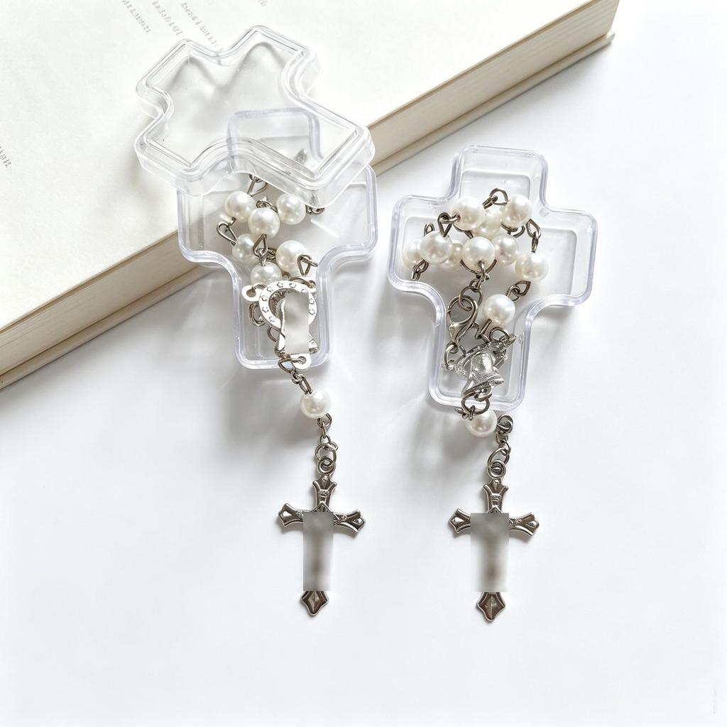 Glass Imitation Pearl Baptism Cross Beaded Prayer Bracelet with Box