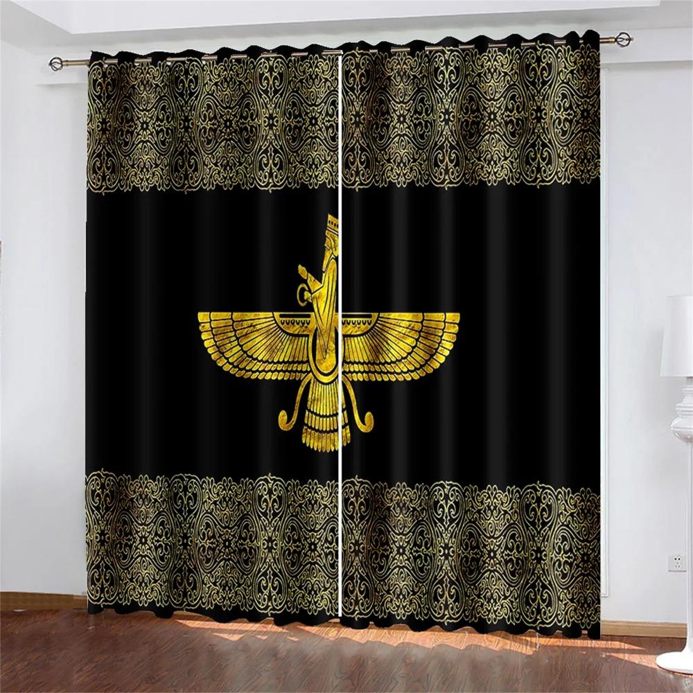 Ancient Egypt Eyes African Pharaoh Lion Black Gold Light Filtering Window Drapes For Living Space Bedroom Space Window Drape Decor