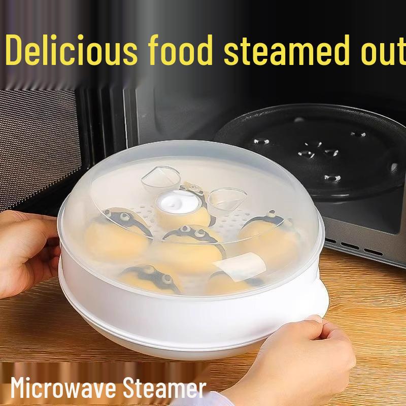 Microwave Steamer Bowl: Plastic Utensil for Heating and Cooking Buns with Steaming Pot, Rack, and Box.