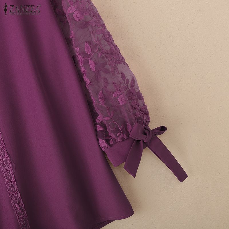 ZANZEA Damska Elegancka Koronkowa Wstawka Rękaw 3/4 Casualowa Bluzka z Dekoltem V