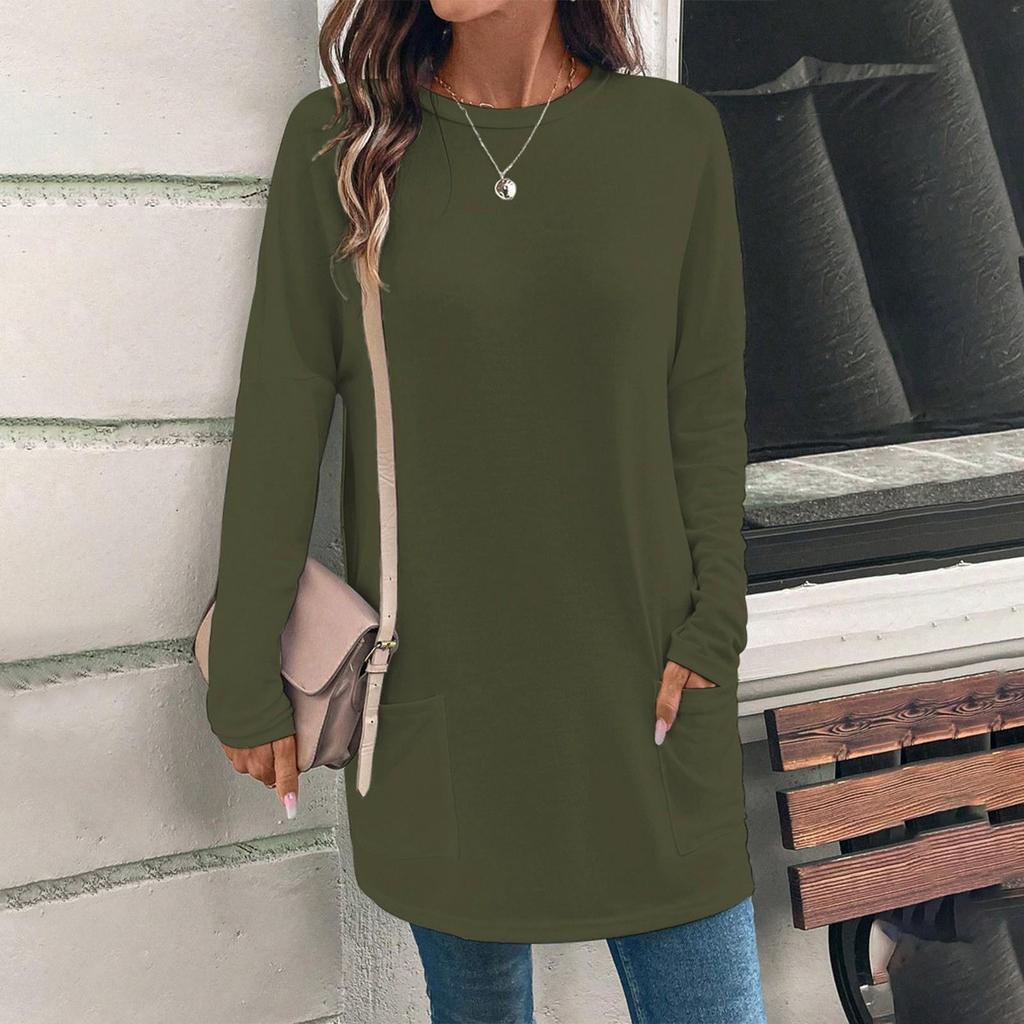 Blusa informal de manga larga con cuello redondo y bolsillos de color liso a la moda para mujer