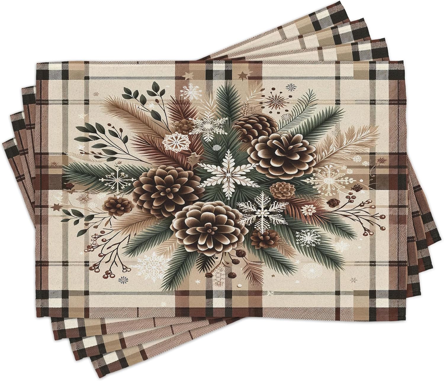 

Christmas Placemats 4pcs Traditional Xmas Pinecone Leaves Ornate Plaid Print Washable Fabric Table Mats Cocoa Brown Sage Green 4pcs