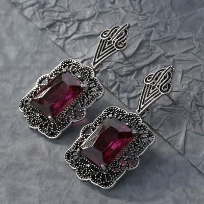 Jianjie Vintage Square Inlaid Red Zircon Charming Women's Earrings Hollow Carving Silver Elegant New Jewelry Accessories Trend