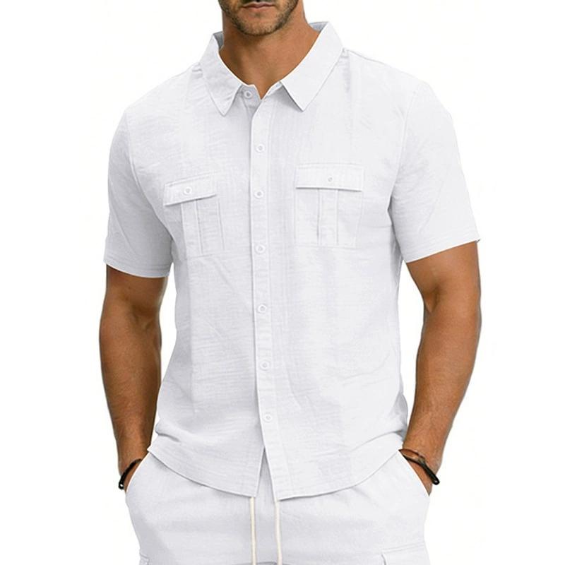 Cotton Linen Shirt Men Pocket Casual Beach Short Sleeve Solid Color Male Tops T-shirts Vintage Streetwear Comfort Casual Shirts