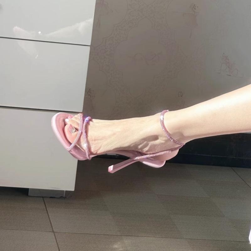 2024 Summer New High Heels Women's Temperament Rhine-diamond Cross-band Hollow Sexy Pointy Thin Heel One-line Strap Sandals