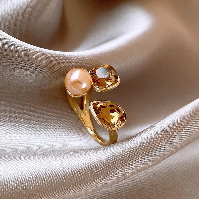 Light Luxury Crystal Champagne Pearl Rings for Women Fashion Geometric Metal Open Rings Banquet Jewelry Accessories Gifts