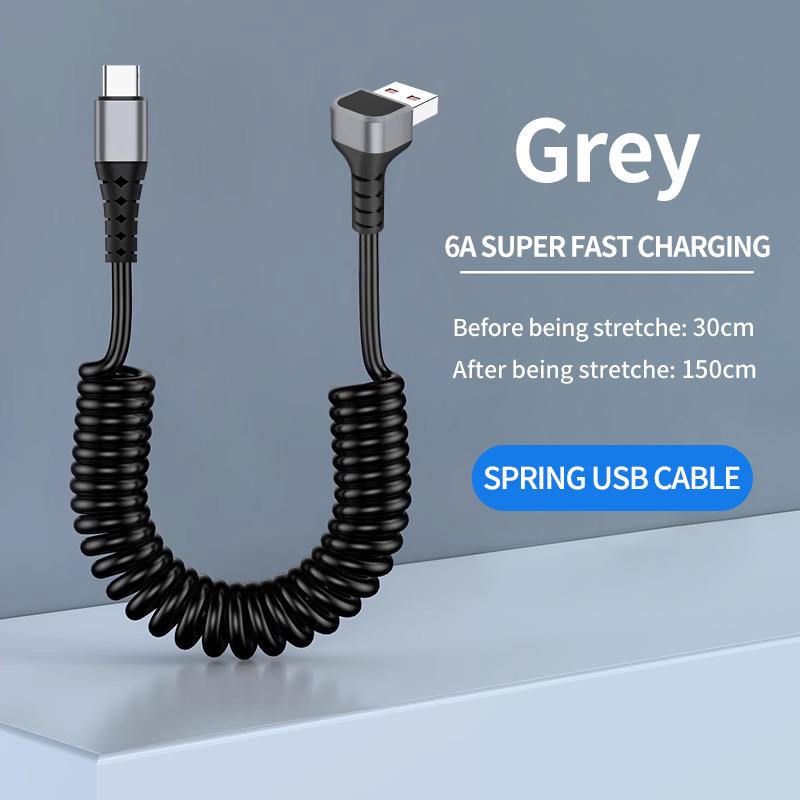 1.5M Coiled USB-C Type C 5A Fast Charging Data Cable 90 Right Angle Retractable Pure Copper Mobile Phone Cord for
