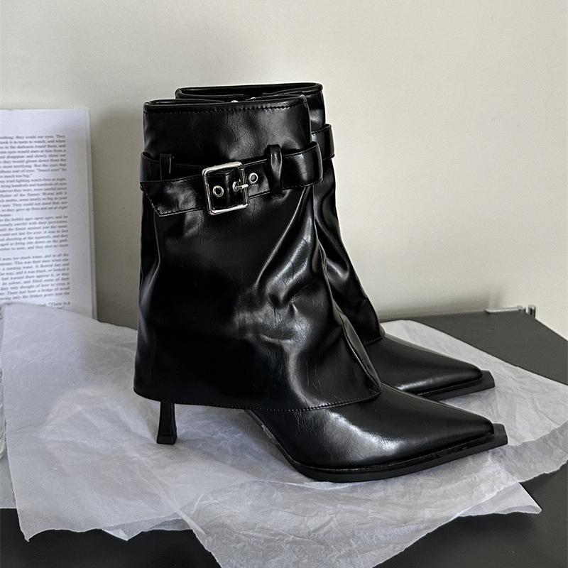 New Design Denim Buckle Thin Heels Ankle Boots Zipper Pointed Toe Banquet Women Shoes Zapatillas Mujer